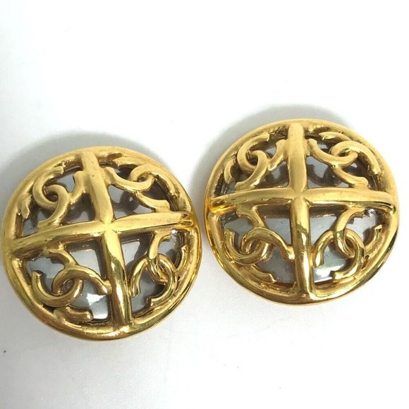 Auth CHANEL 93P CC CC Mark 4-round round vintage Earrings Metal Gold